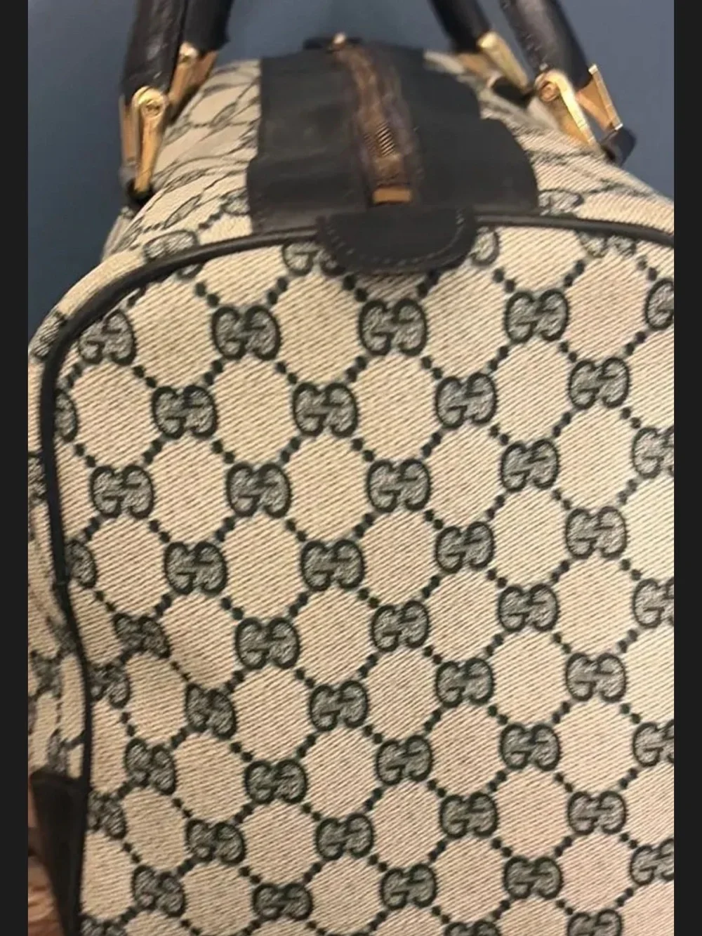 Gucci Beige Monogram Canvas Satchel with Black Leather Trim